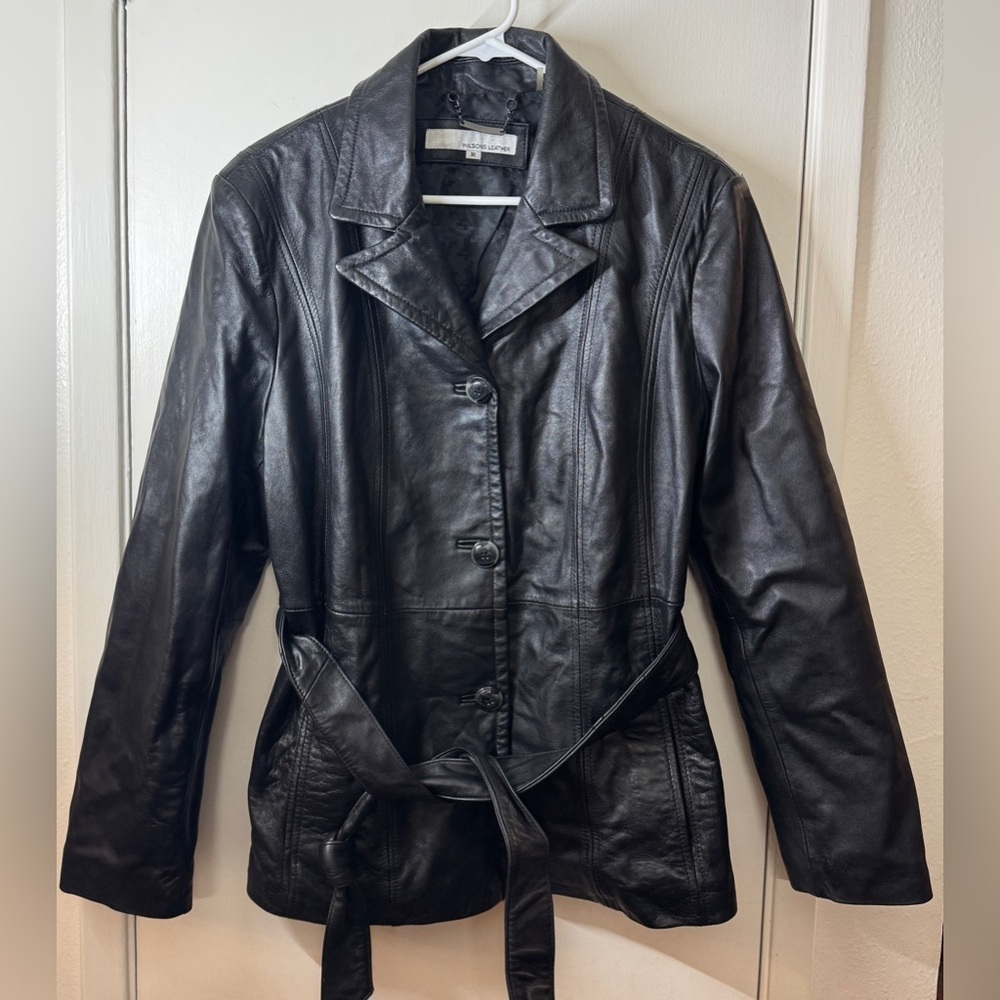 Wilsons Leather Genuine Leather Black Collared Button Front Tie Waist Jacket XL